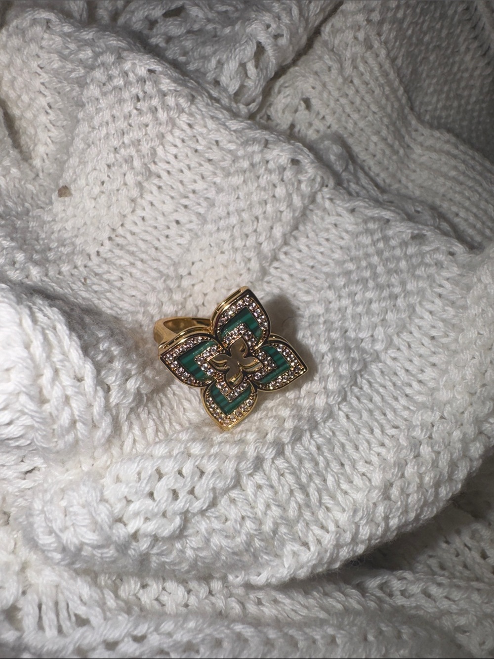 Stainless steel Gold Floral Statement Ring with Green Enamel and Crystals
